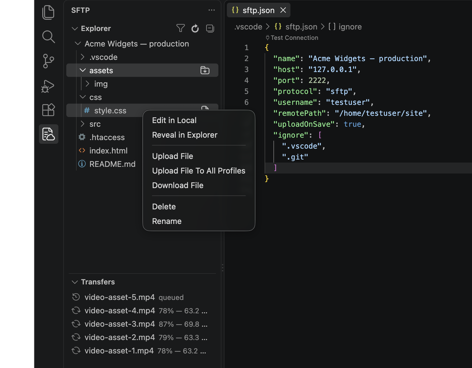 SFTPresso's Remote Explorer showing a remote file tree with a context menu, the Transfers view with per-file progress, and an sftp.json config with a Test Connection CodeLens